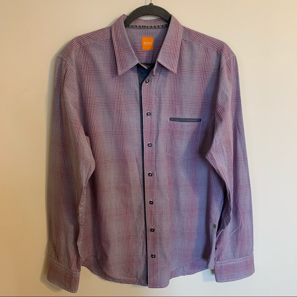 Hugo Boss Orange Checked Cotton Shirt, Size L